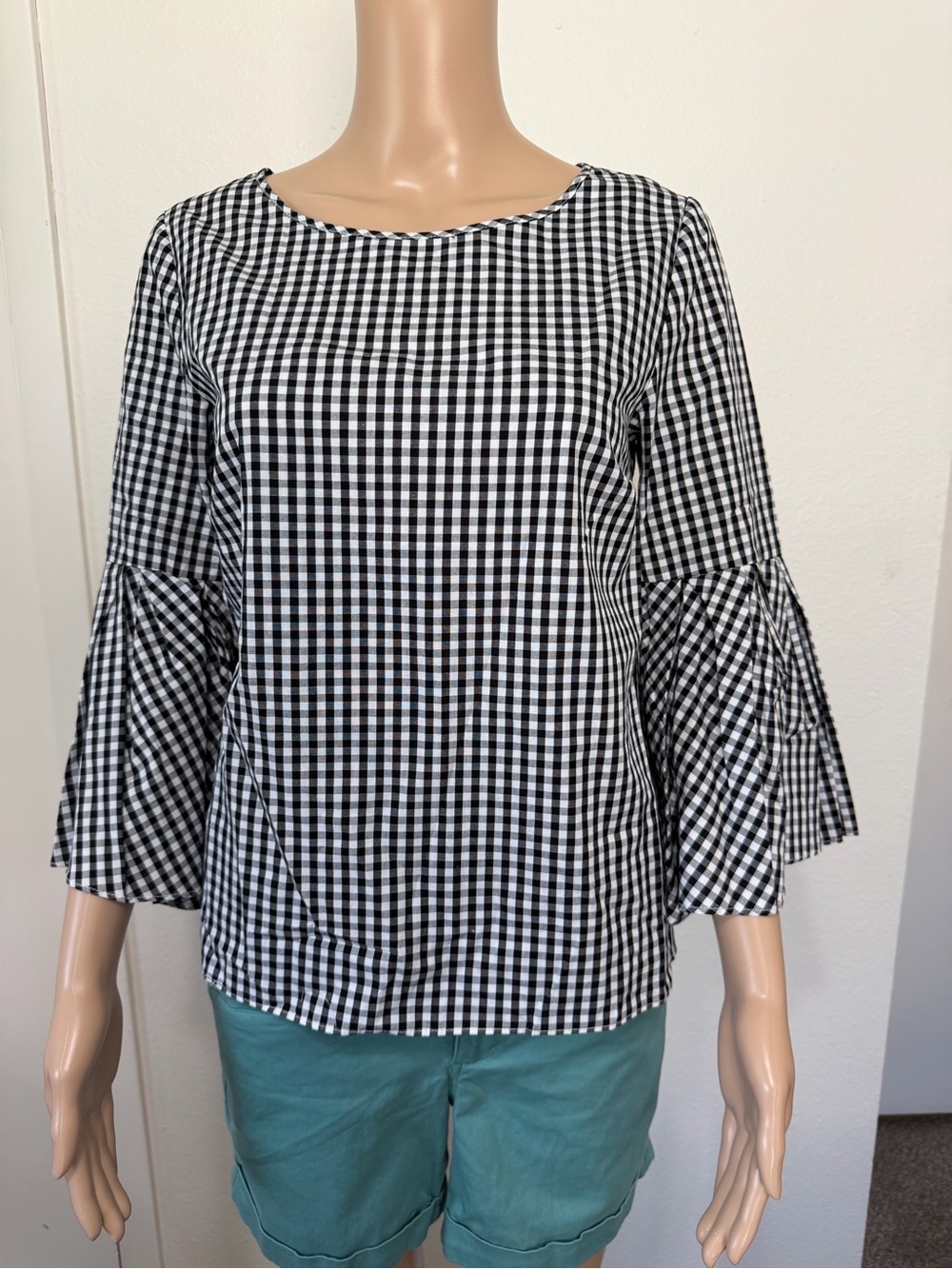 NWT Jane and Delancey Black and White Gingham Bell Sleeve Top Size XS